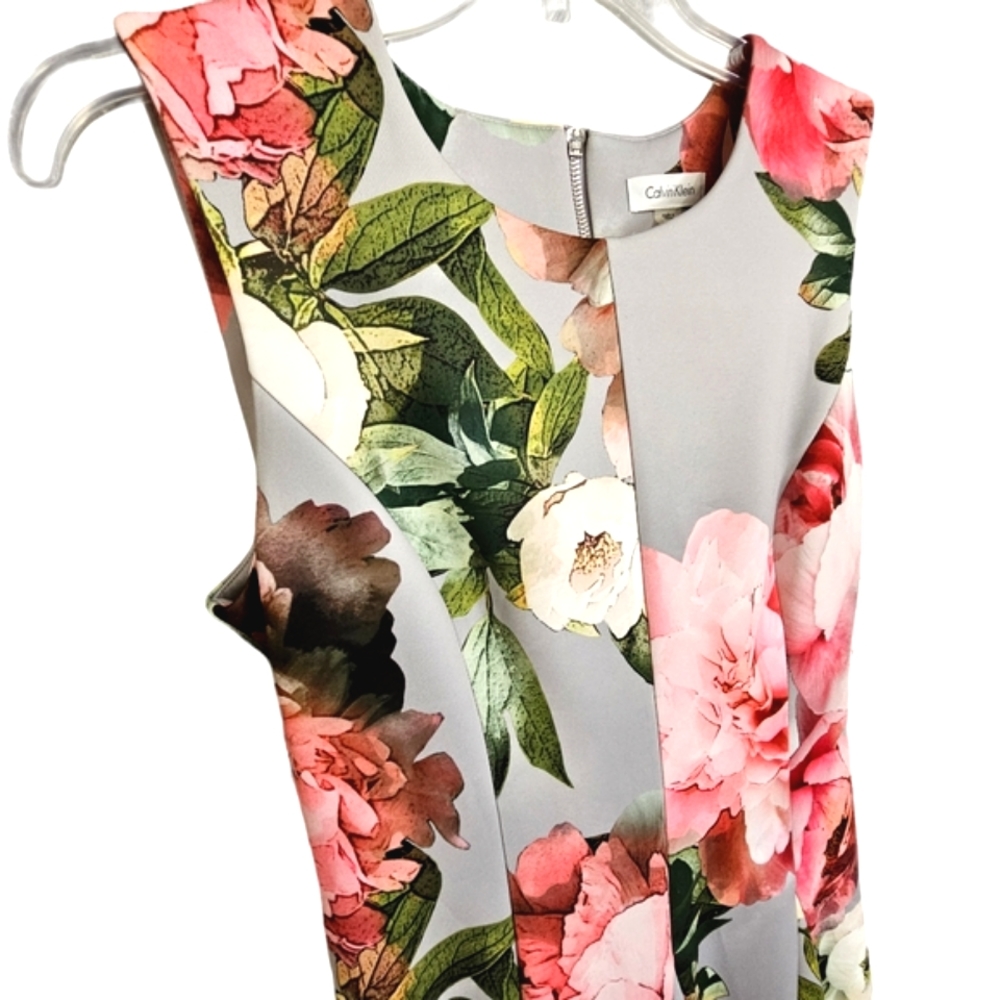 Nwt Calvin Klein Gray/Pink Abstract Floral Scuba  Sleeveless Fit& Flare Dress - Picture 6 of 17